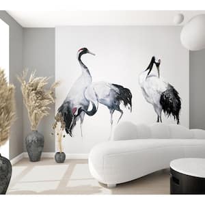 Kumano Collection White/Black Three Painted Crane 3-Panel Wall Mural 8.8 ft. high x 5.2 ft. wide