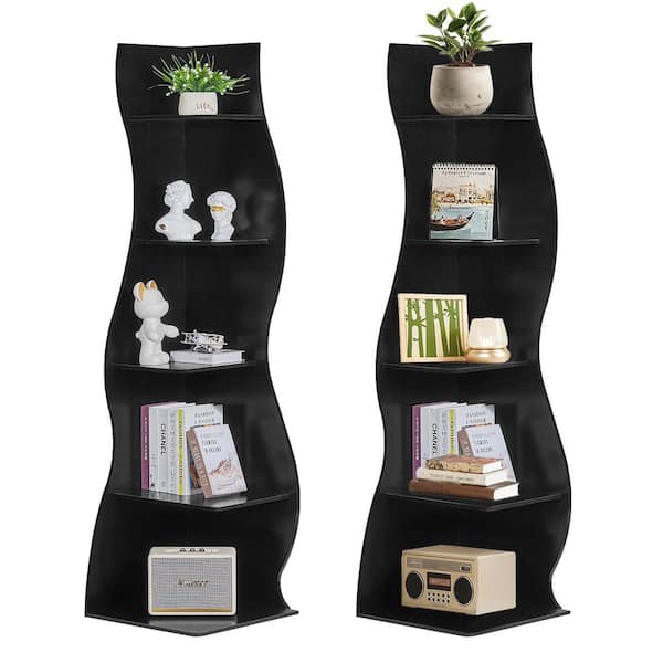 VECELO 5-Tier Wave Corner Bookcase in Black, 70 in. Tall MDF S