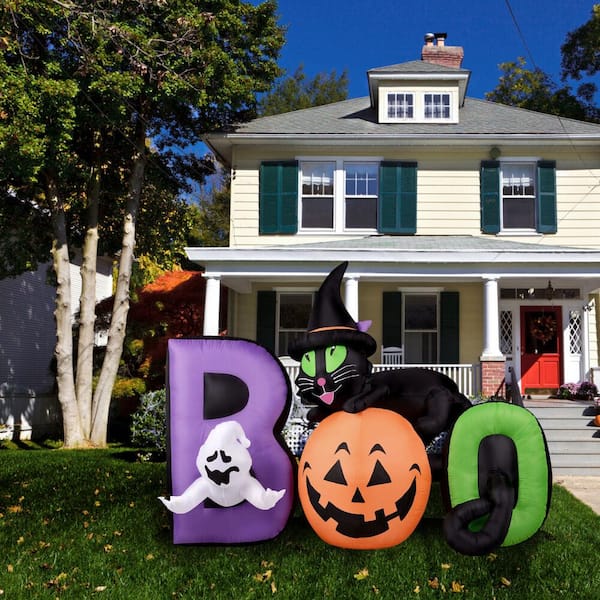 HAUNTED HILL FARM:Haunted Hill Farm 5 ft. Pre-Lit Boo Sign with Black Cat,  Jack-O-Lantern and Ghost Halloween Inflatable HIBOOSGN051-L - The Home Depot