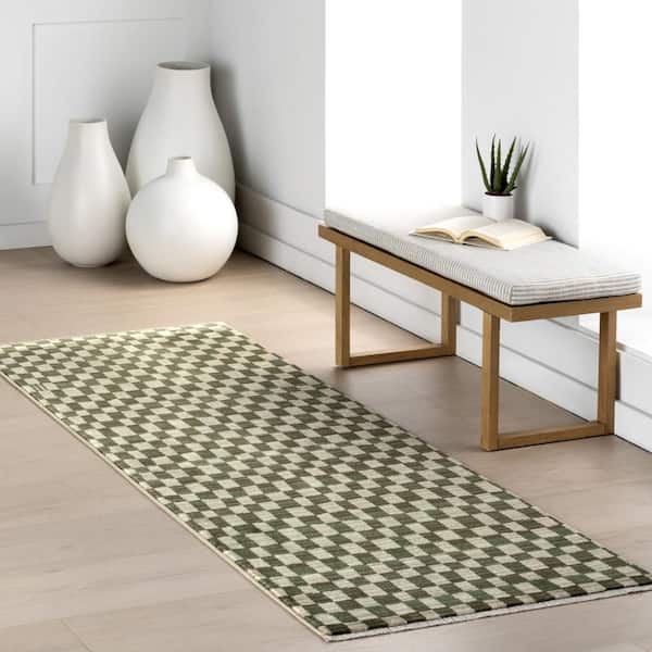 Rasali Checkered Box Green 3 ft. x 8 ft. Indoor Runner Rug