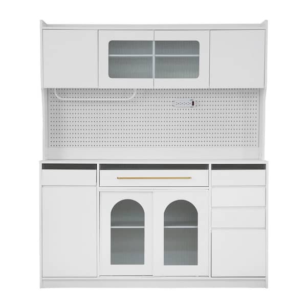 74.8 in. Freestanding Buffet with Hutch, Pantry Organizer with Adjustable Shelves, Pegboard, Power Outlet, White