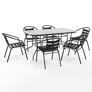 Black Lila 7-Piece Glass Patio Table and Chairs Set, Outdoor Dining Set with Umbrella Hole Table and 6 Slat Back Chairs