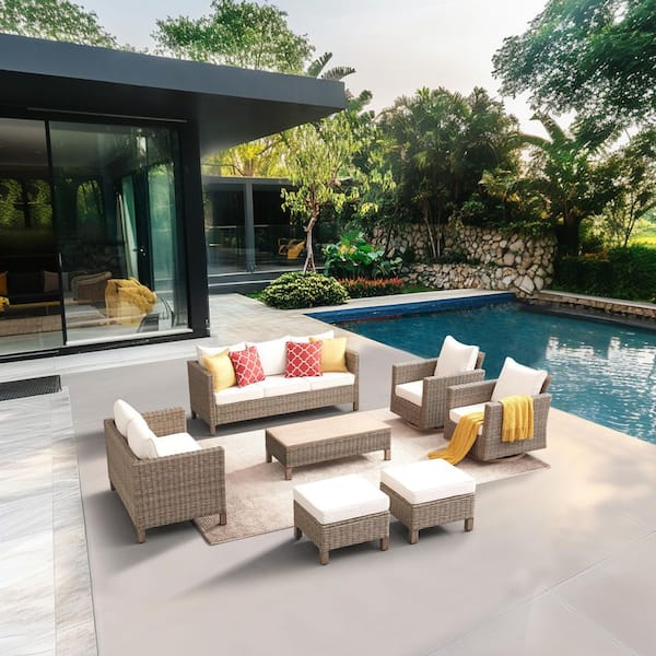 Summax 7-Piece Wicker Outdoor Patio Conversation Set with Beige Cushions and Swivel Rocking Chairs