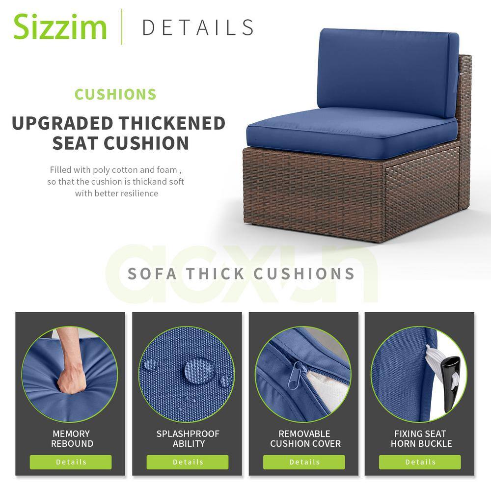 Brown Wicker 5-Piece Patio Set with Blue Cushions and Fire Pit