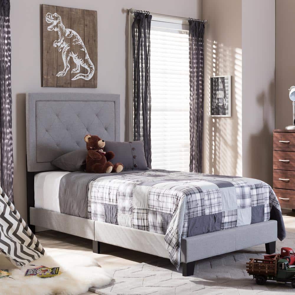 Elegant Twin-Size Linen Upholstered Bed with Diamond Tufting - Gray