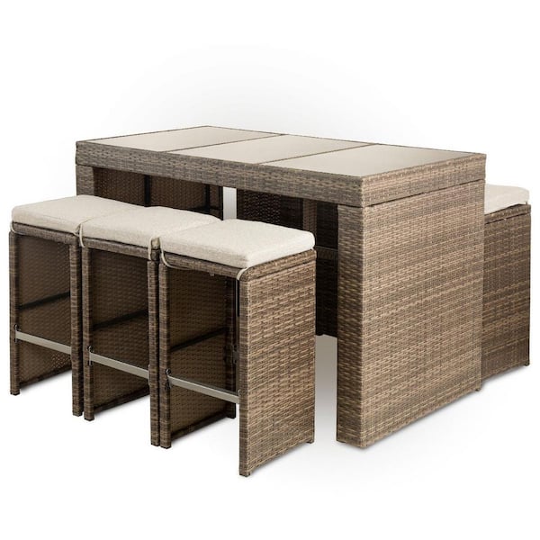 Barton 7-Piece Brown Wicker Outdoor Dining Set with Beige Cushion