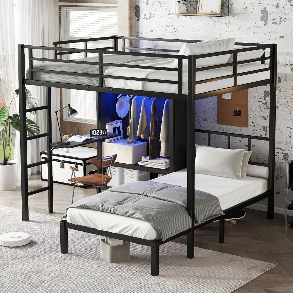 Nestfair Black Metal Full XL over Twin Bunk Bed with Folding Desk