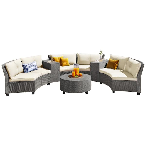 Unbranded 9-Pieces Rattan Composite Outdoor Fan-Shaped Suit Combination Loveseat with Cushions and Table Beige