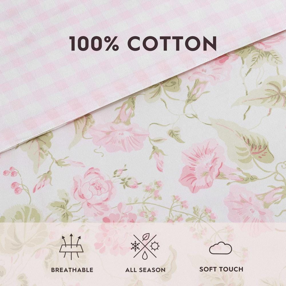 Pink Floral Cotton Full Reversible Bedspread Set