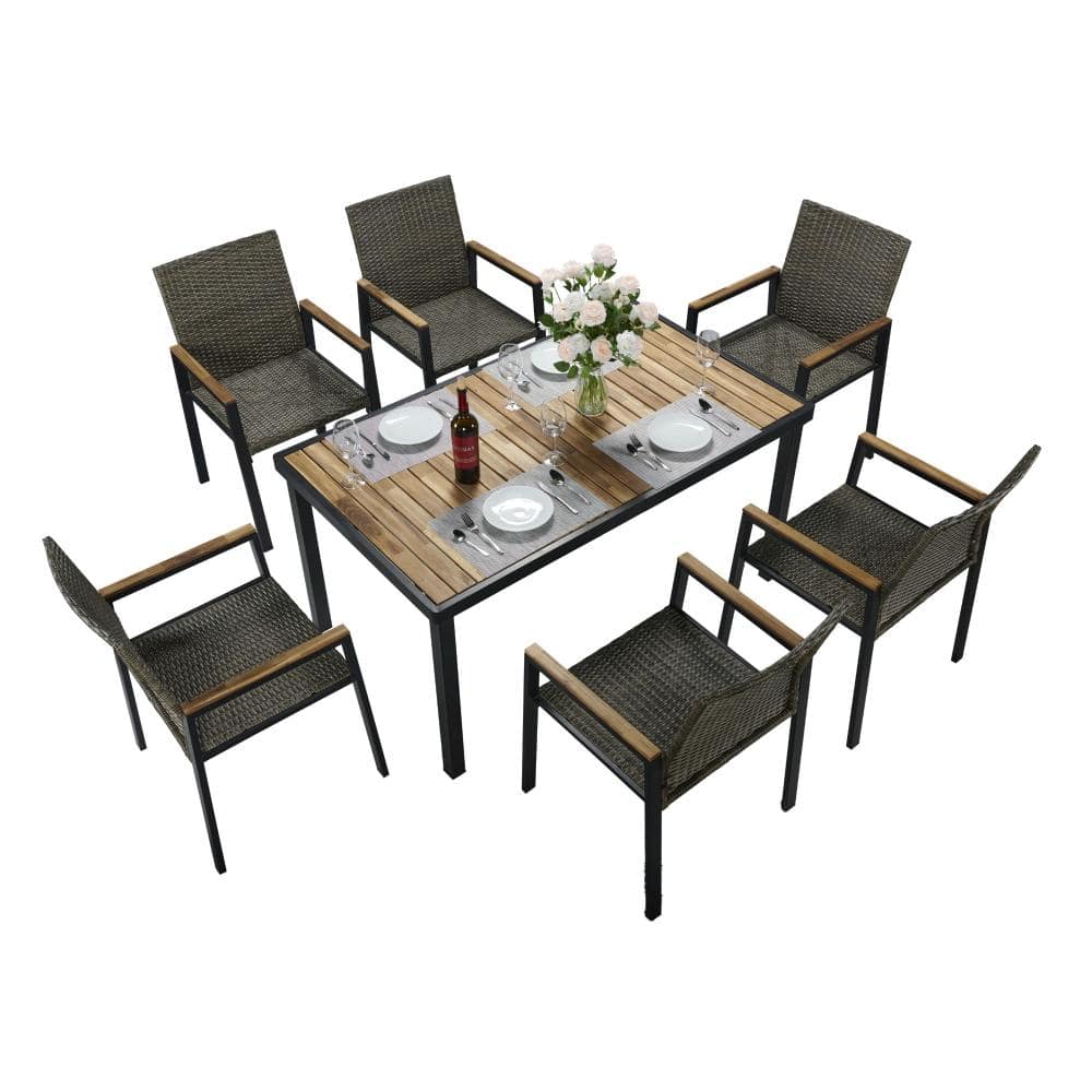 7-Piece Brown Gray Acacia Wood and Rattan Patio Dining Set with Umbrella Hole price history on PriceWatchPro