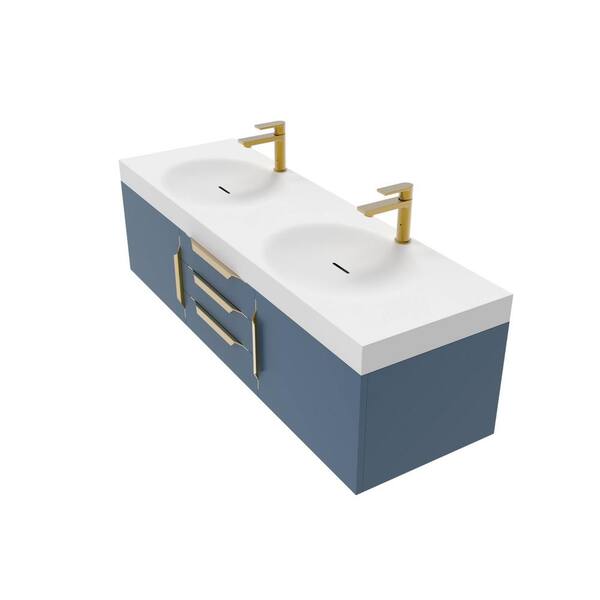 castellousa Thames 60 in. W x 18.9 D x 16.25 H Double Floating Bath Vanity in Matte Blue with Gold Trim with Solid Surface White Top