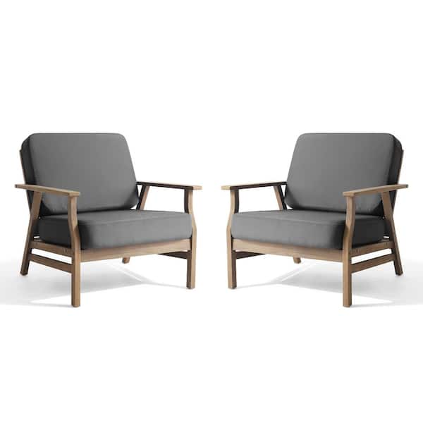 Uixe Brown Acacia Wood Outdoor Patio Lounge Chairs with Oxford Dark Gray Cushions (Set of 2)
