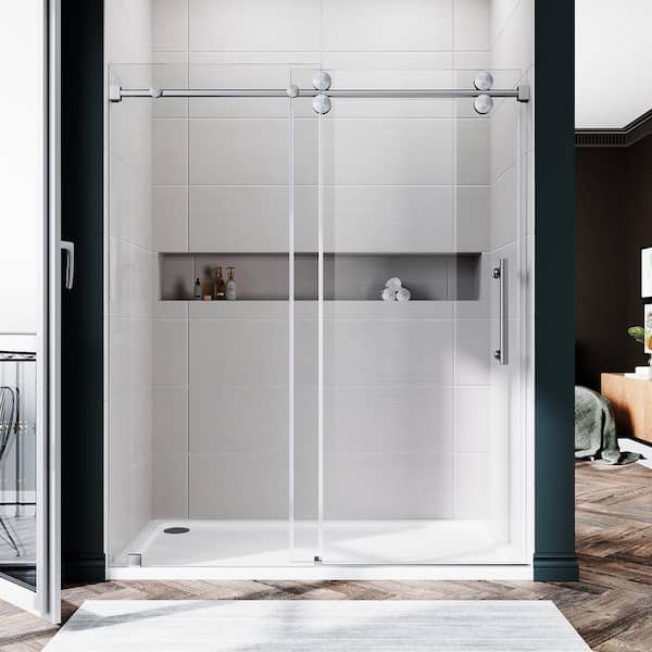 UNIKOO UKS04 56 to 60 in. W x 72 in. H Sliding Frameless Shower Door in Brushed Nickel, Enduro Shield 3/8 in. SGCC Clear Glass