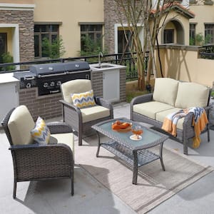 Denali Gray 4-Piece 4-Seat Wicker Modern Outdoor Patio Conversation Sofa Seating Set with Beige Cushions