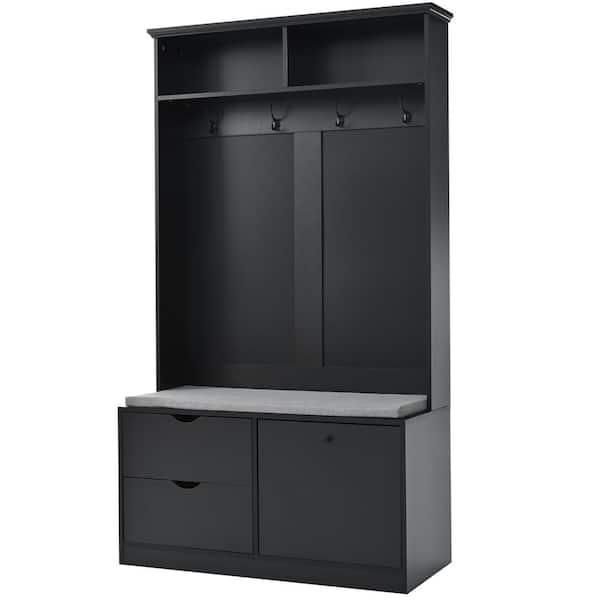 Unbranded 40.6 in. W x 8.7 in. D x 71.1 in. H Black Linen Cabinet with Coat Rack, Cushion, 4 Sturdy Hooks and Shoe Storage Bench