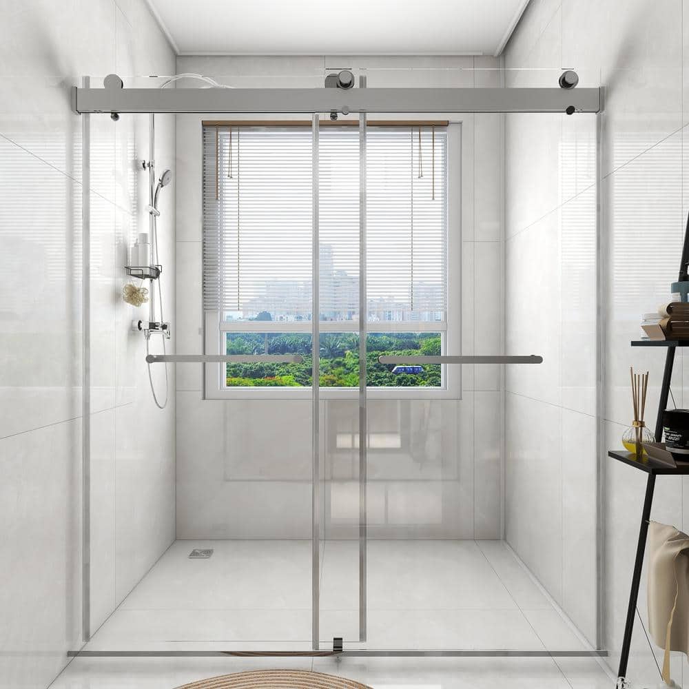 76 in. W x 76 in. H Double Sliding Frameless Shower Door in Stainless Steel