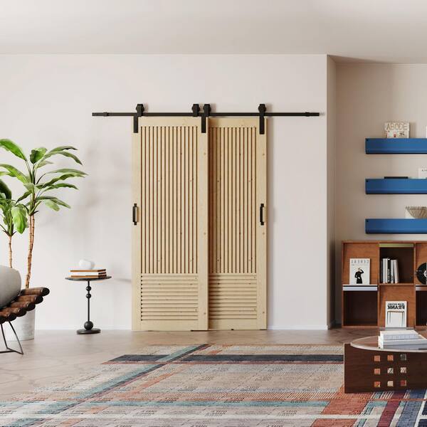 60in x 84in  Natural Pine Fluted, Vertical & Horizontal Slat,Unassembled Wood Bypass Sliding Barn Door with Hardware Kit