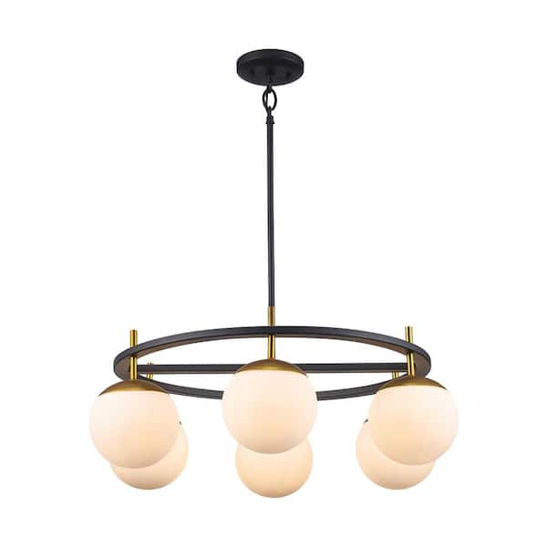Monteaux Lighting 24.25 in. 6-Light Black and Gold Hanging Pendant Light Fixture with Frosted Glass Globe Shades