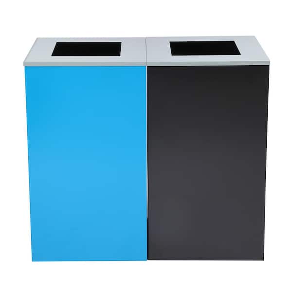 58 Gal. 2-Stream Black Steel Square Open Top Trash Can and Blue Recycling Station