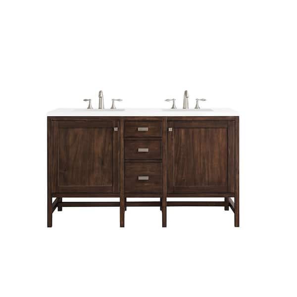 James Martin Vanities Addison 60 in. W x 23.5 in.D x 35.5 in. H Double Vanity in Mid Century Acacia with Quartz Top in Classic White
