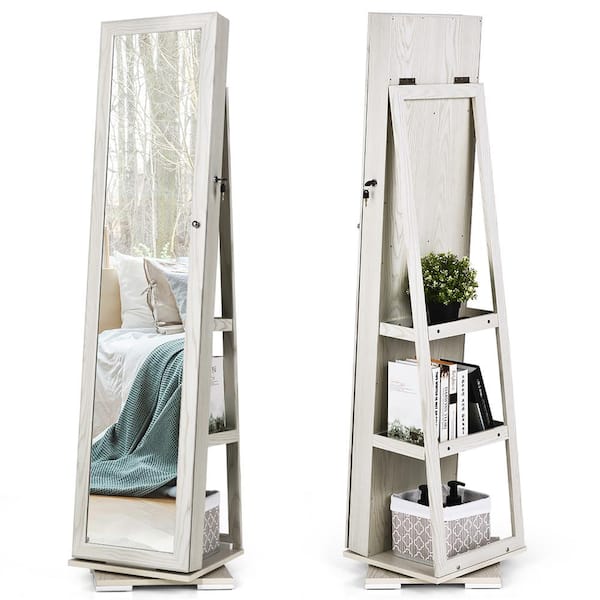 Costway 360 Rotatable Jewelry Cabinet Armoire 2 in 1 Lockable Mirrored White QD 64 A4 A83IT