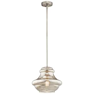 Everly 10.25 in. 1-Light Brushed Nickel Transitional Shaded Kitchen Pendant Hanging Light with Mercury Glass
