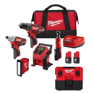 M12 FUEL 12V Lithium-Ion Cordless Combo Kit (5-Tool) w/2 Batteries and Bag w/M12 FUEL 1.6 Gal. Wet/Dry Vacuum