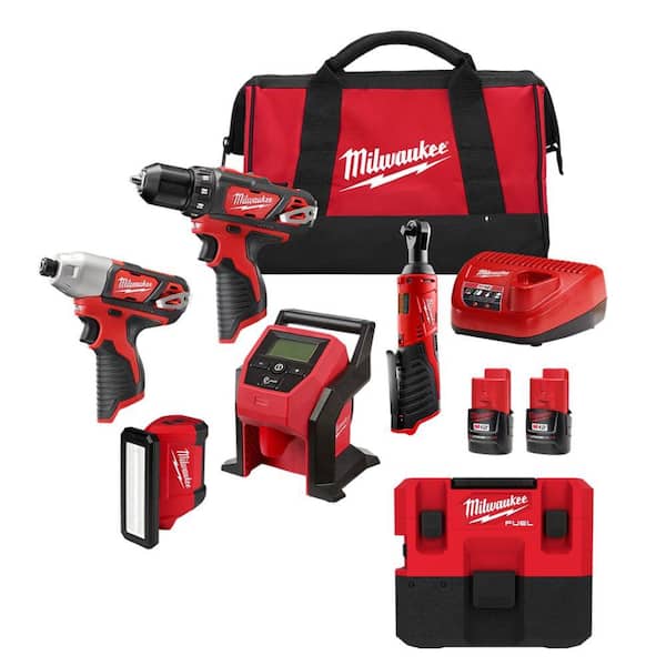 Milwaukee M12 FUEL 12V Lithium-Ion Cordless Combo Kit (5-Tool) w/2 Batteries and Bag w/M12 FUEL 1.6 Gal. Wet/Dry Vacuum