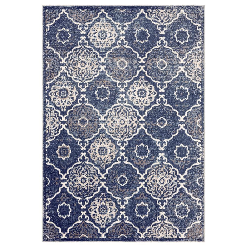Ivory and Navy Blue Tufted Medallion Synthetic Area Rug, 5'2"x7'2"