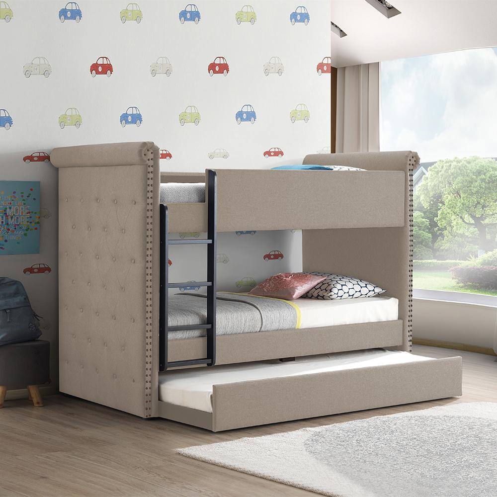 Beige Twin Bunk Bed with Trundle and Tufted Upholstery
