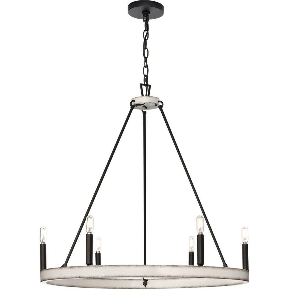 Distressed White and Matte Black 6-Light Wagon Wheel Chandelier