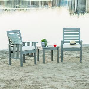 Grey Wash 3-Piece Classic Wood Outdoor Patio Chat Set with Cream Cushions