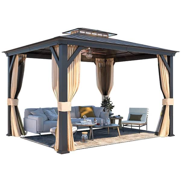 12 ft. x 10 ft. Hardtop Gazebo, Outdoor Gazebo Canopy with Curtains and Netting, Sunshade for Garden and Patio