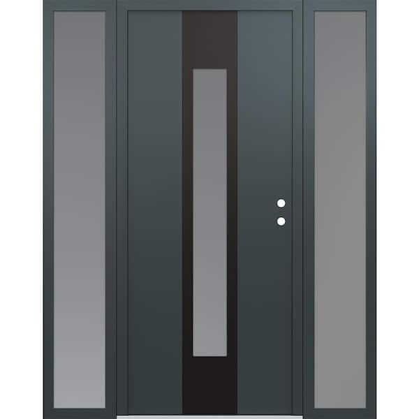 A1 68 in. x 80 in. Panel Black Left-Hand/Inswing Frosted Glass Anth/Anth 2 Sidelite Steel Prehung Front Door