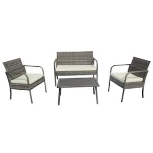 4-Piece Wicker Patio Conversation Set with CushionGuard Beige Cushions