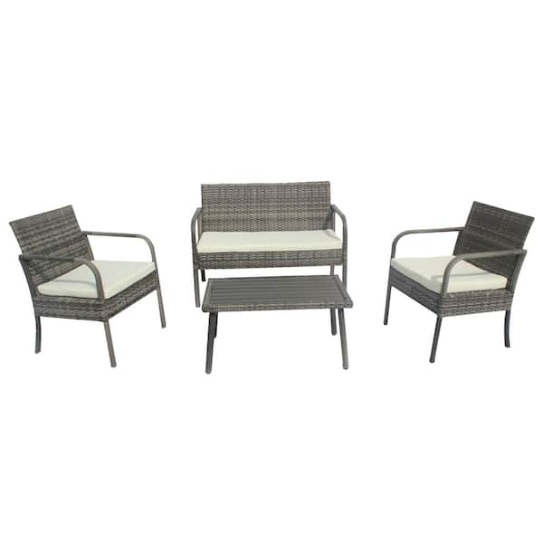 Willit 4-Piece Wicker Patio Conversation Set with CushionGuard Beige Cushions