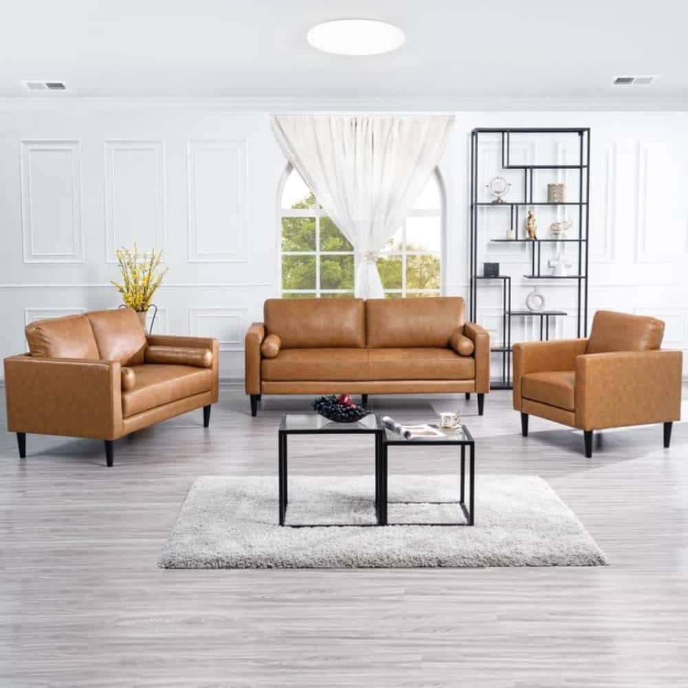 HOMESTOCK 74.5 in. Square Arm Leather Rectangle Sofa set with Sofa,  Loveseat and Accent Chair in Tan 89449HD - The Home Depot