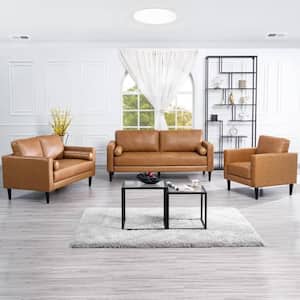 74.5 in. Square Arm Leather Rectangle Sofa set with Sofa, Loveseat and Accent Chair in Tan