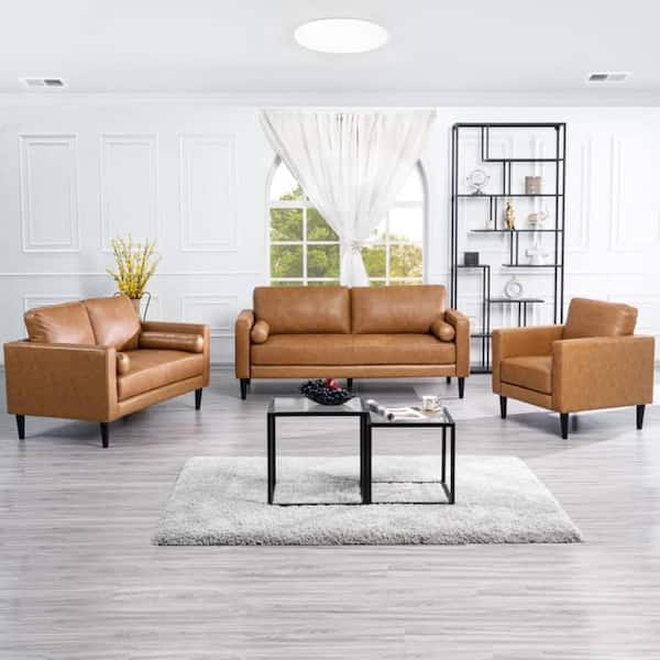 HOMESTOCK 74.5 in. Square Arm Leather Rectangle Sofa set with Sofa, Loveseat and Accent Chair in Tan