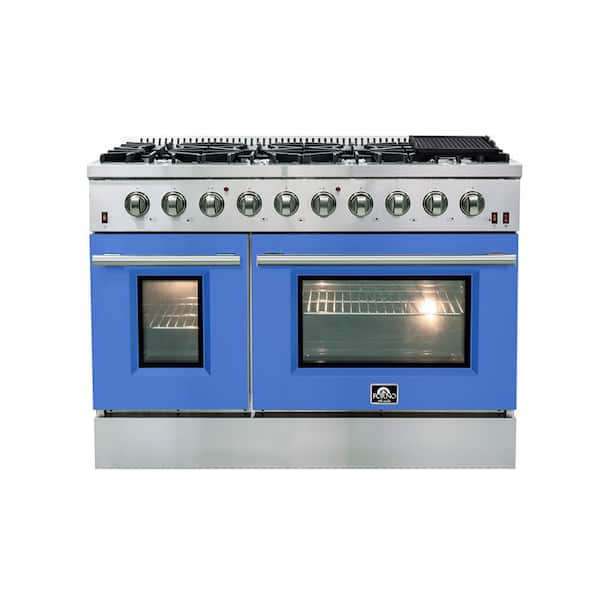 Forno 48 in. 6.58 cu. ft. Freestanding Double Oven Gas Range with 8 Italian Burners in Stainless Steel with Blue Door