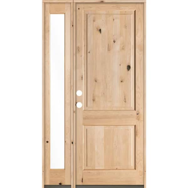 Krosswood Doors 56 in. x 96 in. Rustic Alder Square Top Clear Low-E Unfinished Wood Right-Hand Prehung Front Door/Left Full Sidelite
