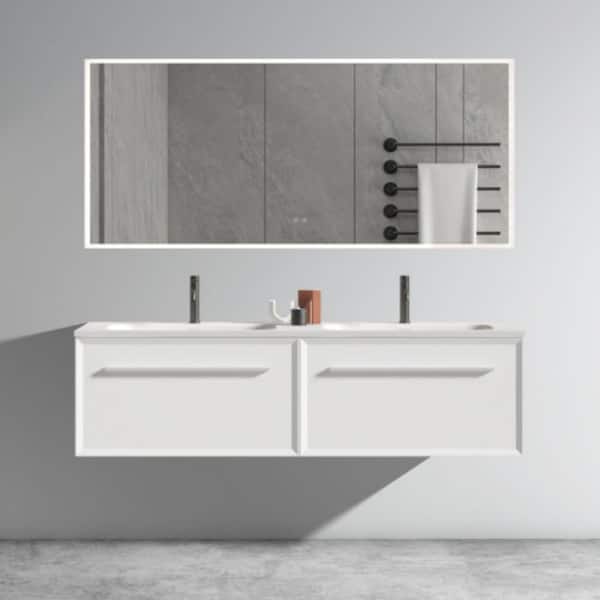 60 in. Double Sinks Wall Mounted Matt Snow White Bath Vanity with White Ceramic Top Unassembled Without Drain