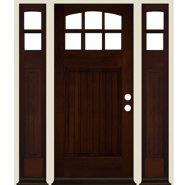 Krosswood Doors 64 in. x 80 in. V-Groove Arch 6-Lite Clear Glass Red Mahogany Stain Left Hand Hemlock Prehung Front Door with DSL