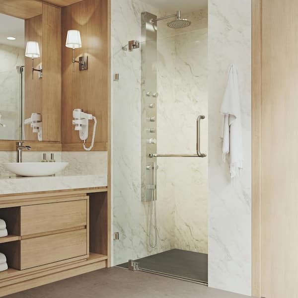 VIGO Pirouette 30 to 36 in. W x 72 in. H Pivot Frameless Shower Door in Brushed Nickel with 3/8 in. (10mm) Clear Glass
