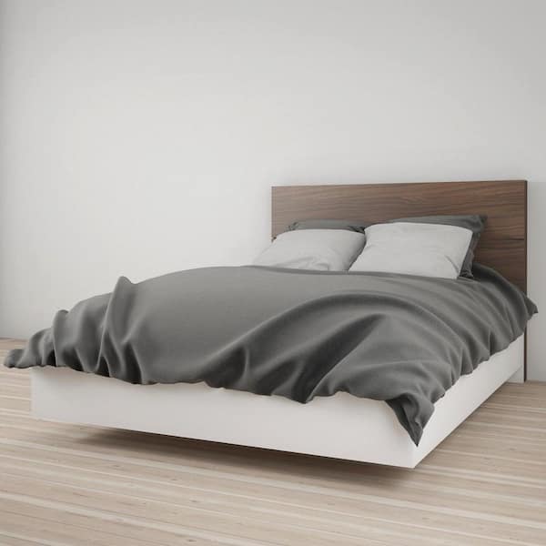 Celebri-T White and Walnut Full Size Platform Bed and Plank Effect Headboard