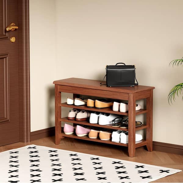 Burke 20.5 in. H x 31.7 in. W Walnut Solid Wood Shoe Storage Bench with Flip Top and Adjustable Shelves