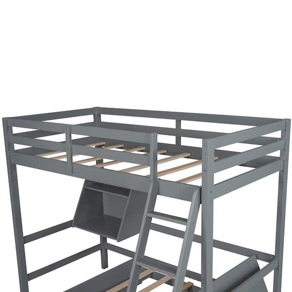 GOSALMON Gray Twin Size Loft Bed Wood Bed with Convertible Lower