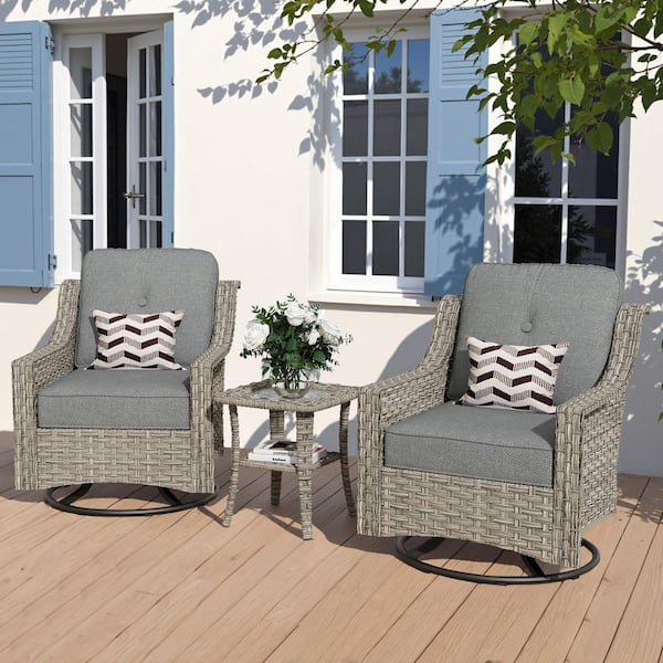 NaturaNest 3 Pieces Wicker Outdoor Rocking Chair Set with Dark Grey Cushions