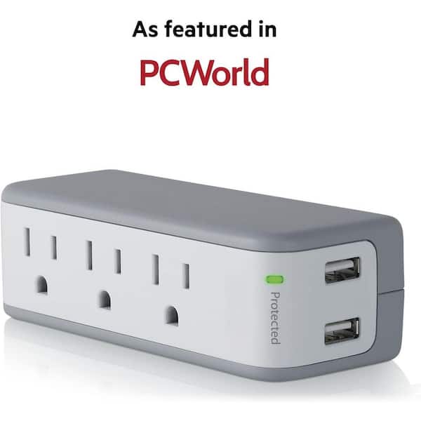 3-Outlet White Wall Mount Surge Protector with 2 USB Ports, Flat Rotating Plug, Wall Tap for Home andOffice