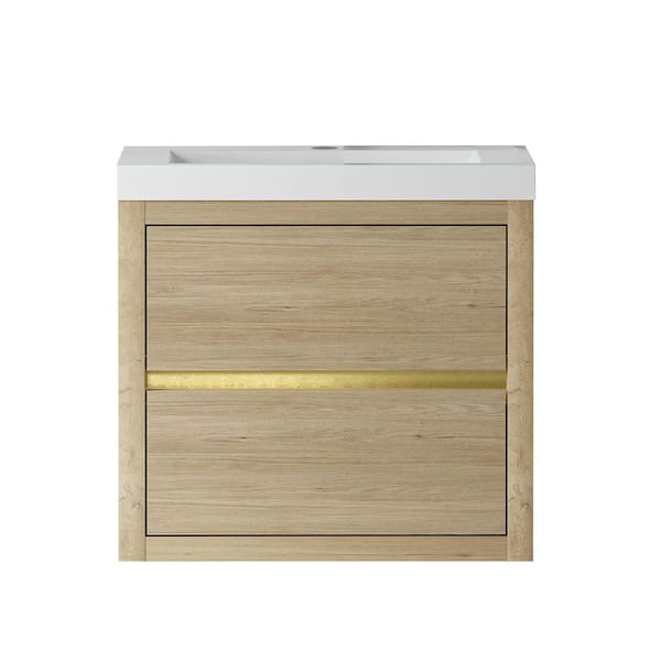 24 in. Wall-Mounted Natural Oak Bath Vanity with Glossy White Solid Surface Top Assembled